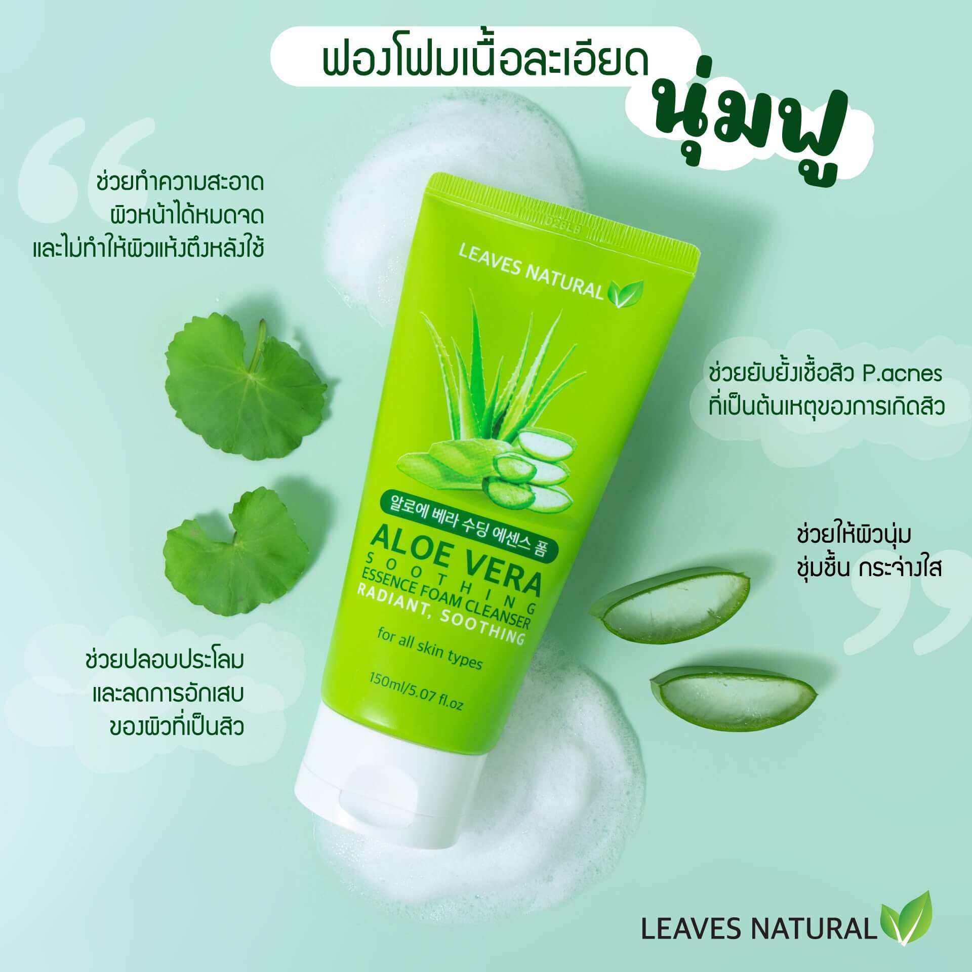 Aloe Vera Soothing Essence Foam Cleanser,Foam,โฟม,โฟมล้่งหน้า,ทำความสะอาดหน้า,ลดสิว,ล้างหน้า